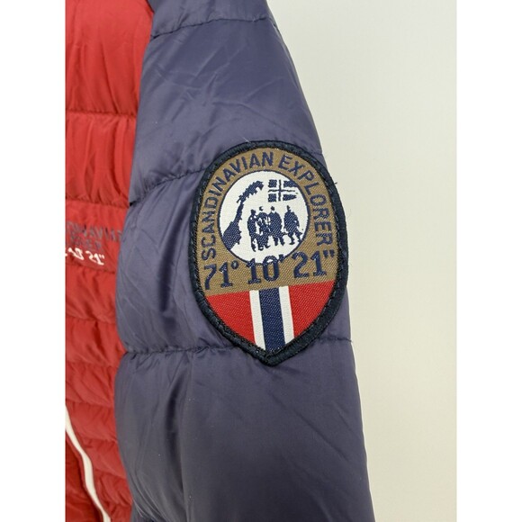 Scandinavian Explorer mens M packable Jacket Full Zip Puffer Red blue white down - Picture 3 of 15